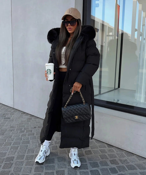 Belted Faux Fur Hood Long Puffer Winter Coats for Women