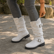 Women's Ribbed Cuff Lug Sole Slouch Boots with Buckle Detail