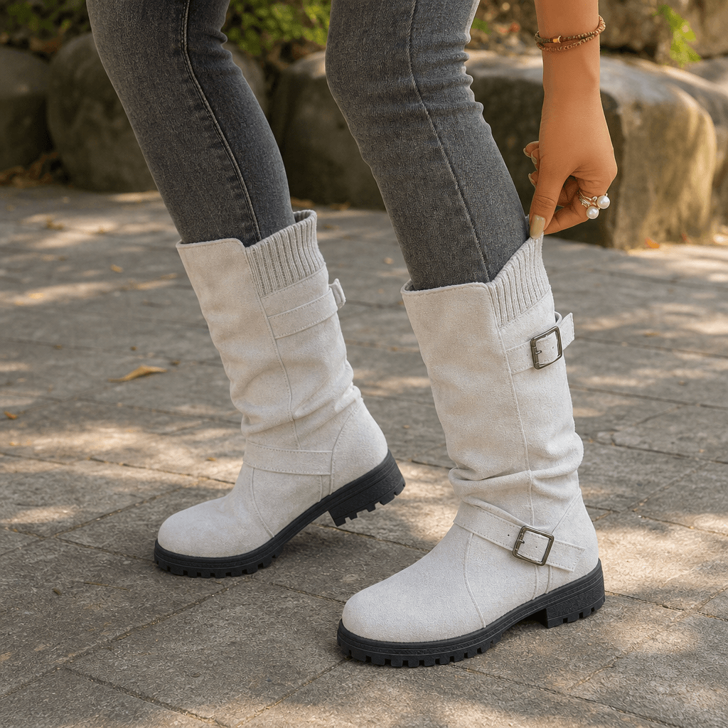 Women's Ribbed Cuff Lug Sole Slouch Boots with Buckle Detail