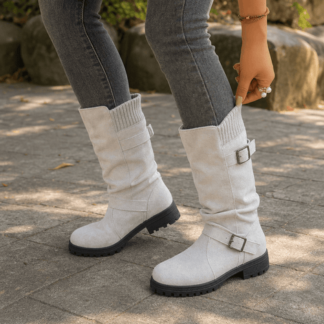 Women's Ribbed Cuff Lug Sole Slouch Boots with Buckle Detail