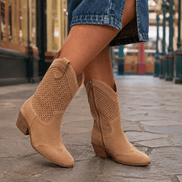 Women's Perforated Western Cowboy Boots with Block Heel