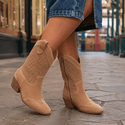 Women's Perforated Western Cowboy Boots with Block Heel