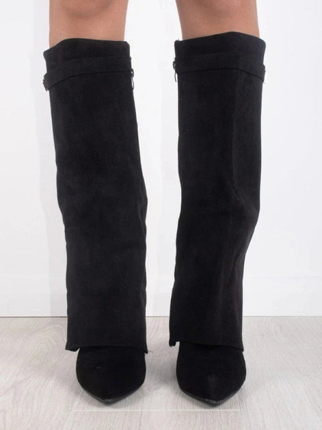 Suede Fold-Over Boots with Gold Buckle Detail for Women