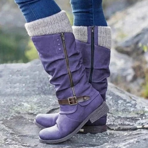Women's Knee-High Slouch Boots with Knit Cuff and Buckle Strap