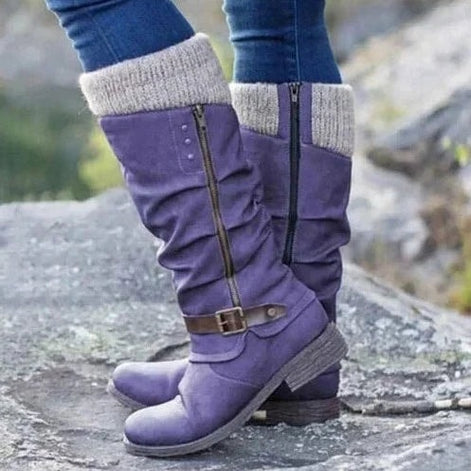 Women's Knee-High Slouch Boots with Knit Cuff and Buckle Strap