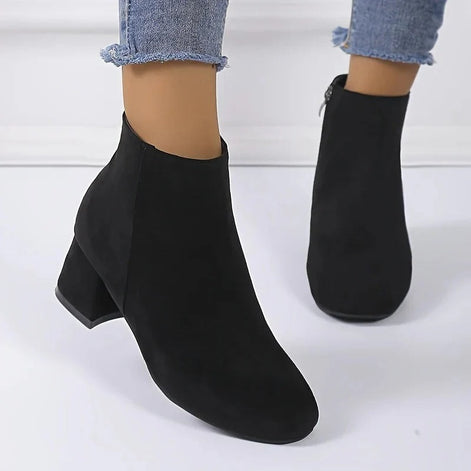 Women's Suede Block Heel Ankle Boots with Side Zip Fastening