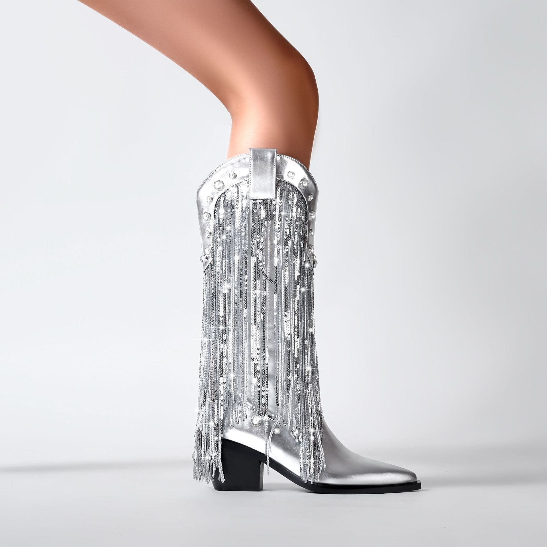 Fringe Cowboy Mid-Calf Womens Boots with Pointed Toe Block Heel