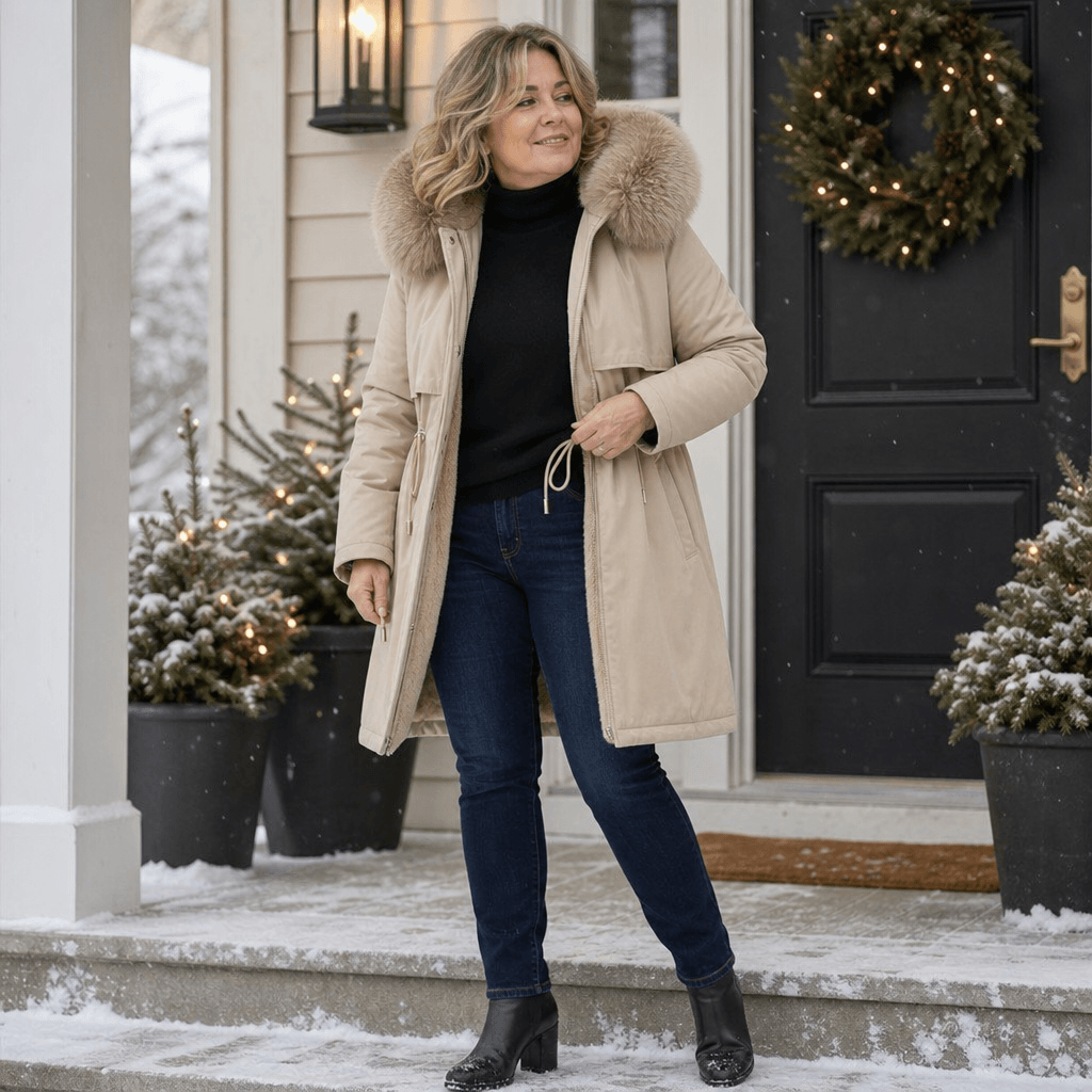 Velora Hooded Mid-Length Faux-Fur Trim Winter Coat for Women
