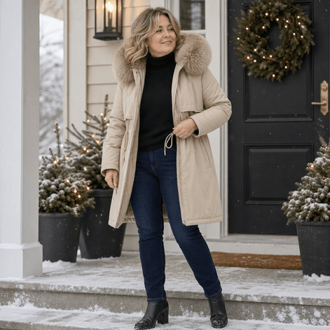 Velora Hooded Mid-Length Faux-Fur Trim Winter Coat for Women