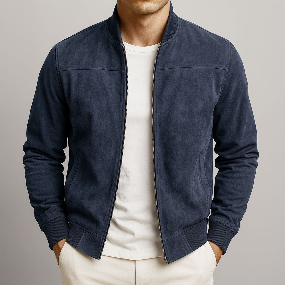 Men's Faux Suede Bomber Jacket with Ribbed Trim
