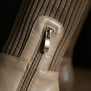 Women's Stretch Knit Block Heel Boots with Side Zip and Faux Leather Trim