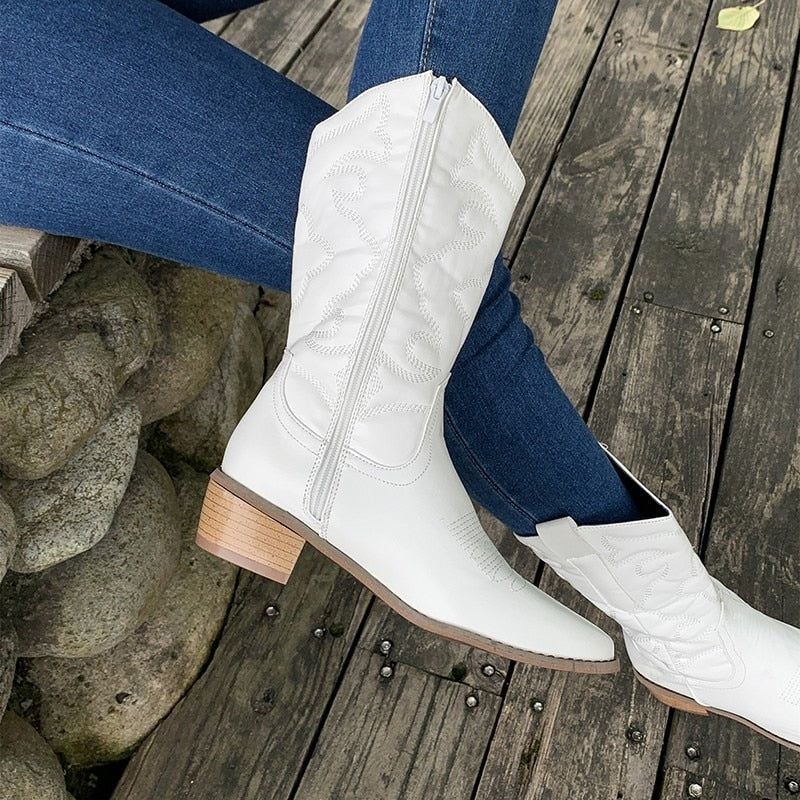 Nadia Embroidered Mid-Calf Western Boots for Women with Block Heel