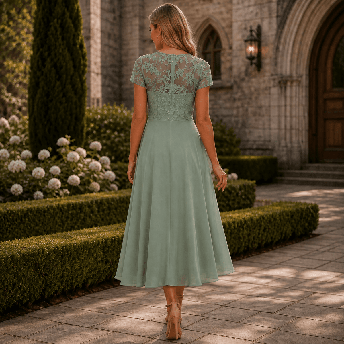 Women's Lace Bodice Chiffon Dress with Ruffled Hem