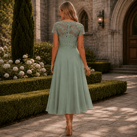 Women's Lace Bodice Chiffon Dress with Ruffled Hem