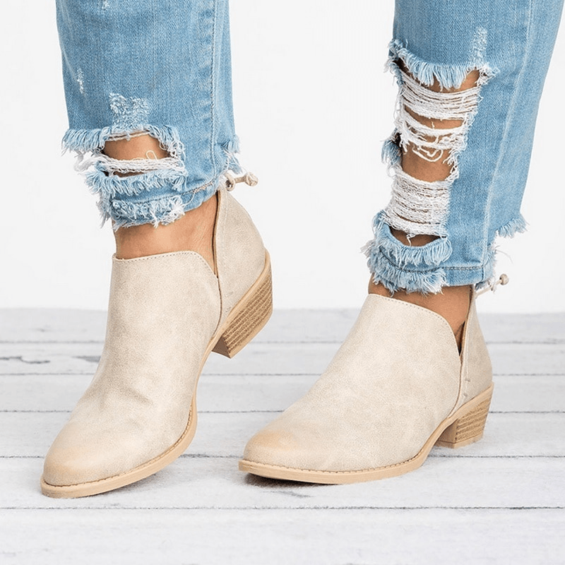 Ankle Low Heel Womens Boots with Rounded Toe in Synthetic Leather