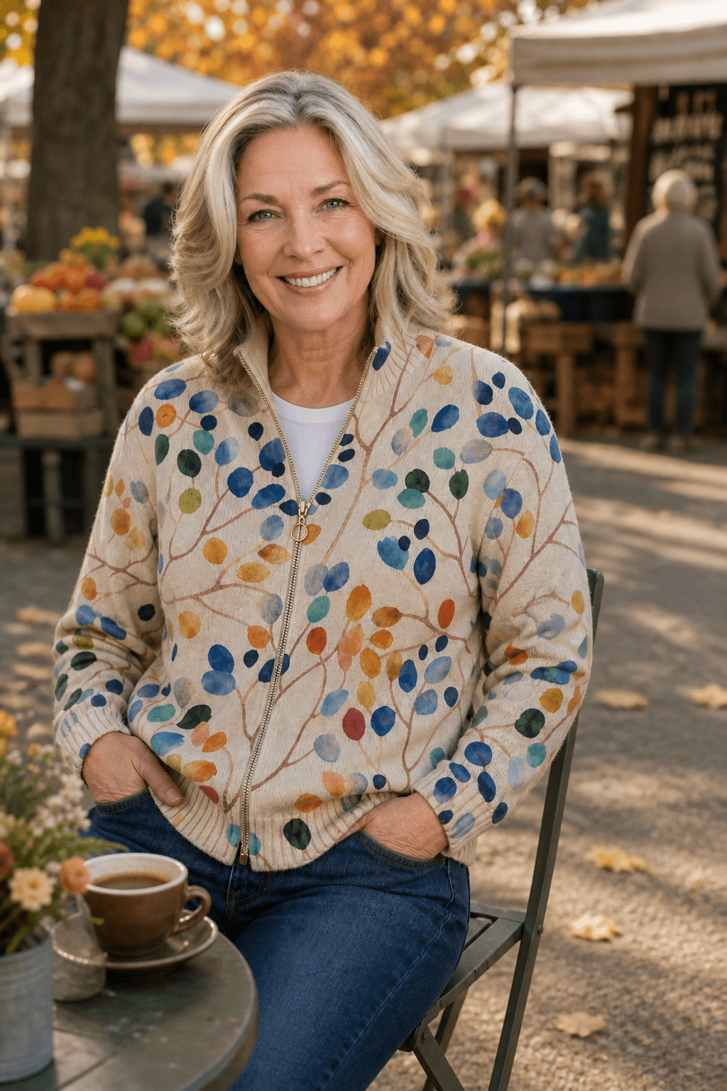 Women's Botanical Print Zip-Up Knit Bomber Cardigan