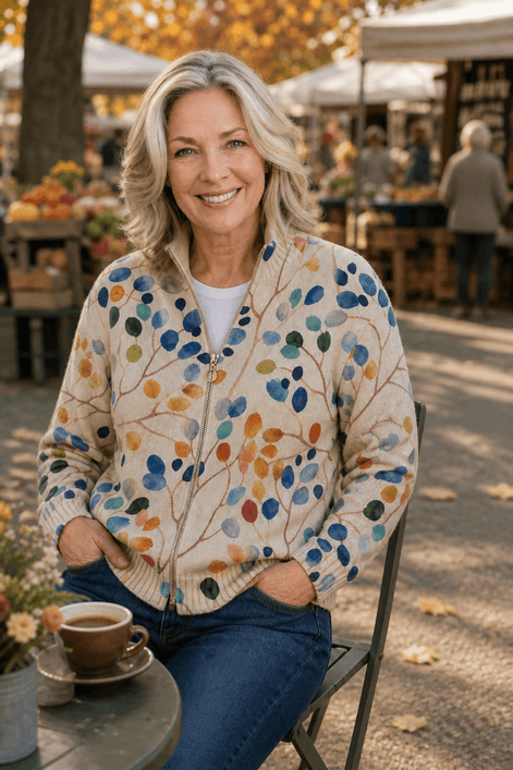 Women's Botanical Print Zip-Up Knit Bomber Cardigan