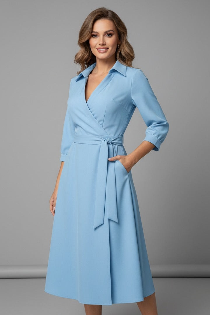 Long Sleeve Wrap Midi Dress in Polyester Blend for Christmas Party Occasions