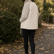 Women's Quilted Puffer Jacket with Knit Panel Trim at Waist and Cuffs