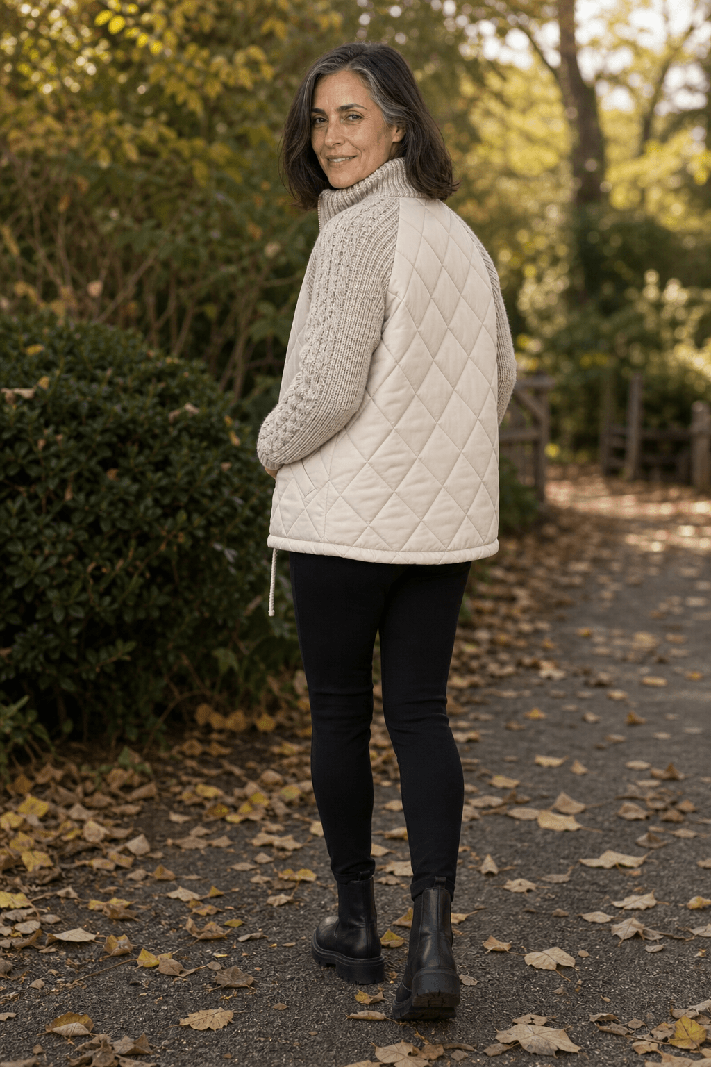 Women's Quilted Puffer Jacket with Knit Panel Trim at Waist and Cuffs