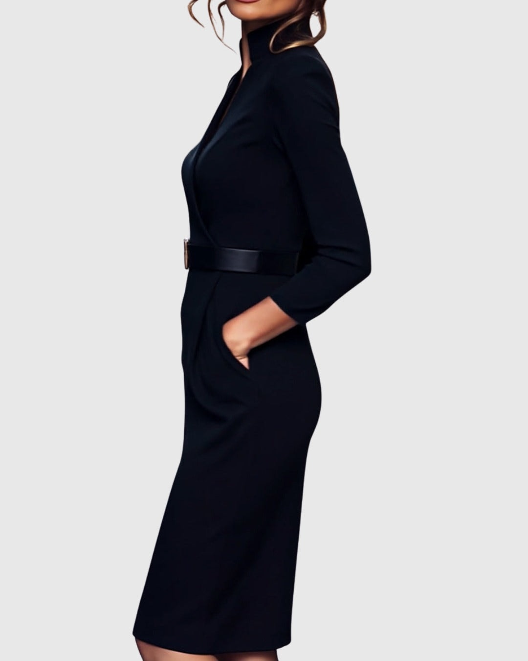 Long Sleeve Belted Bodycon Christmas Dress with Stand Collar