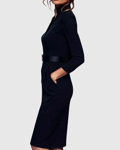 Long Sleeve Belted Bodycon Christmas Dress with Stand Collar