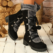 Women's Black Faux Suede Mid-Calf Boots with Faux Fur Trim and Pom-Pom Lace-Up Detail