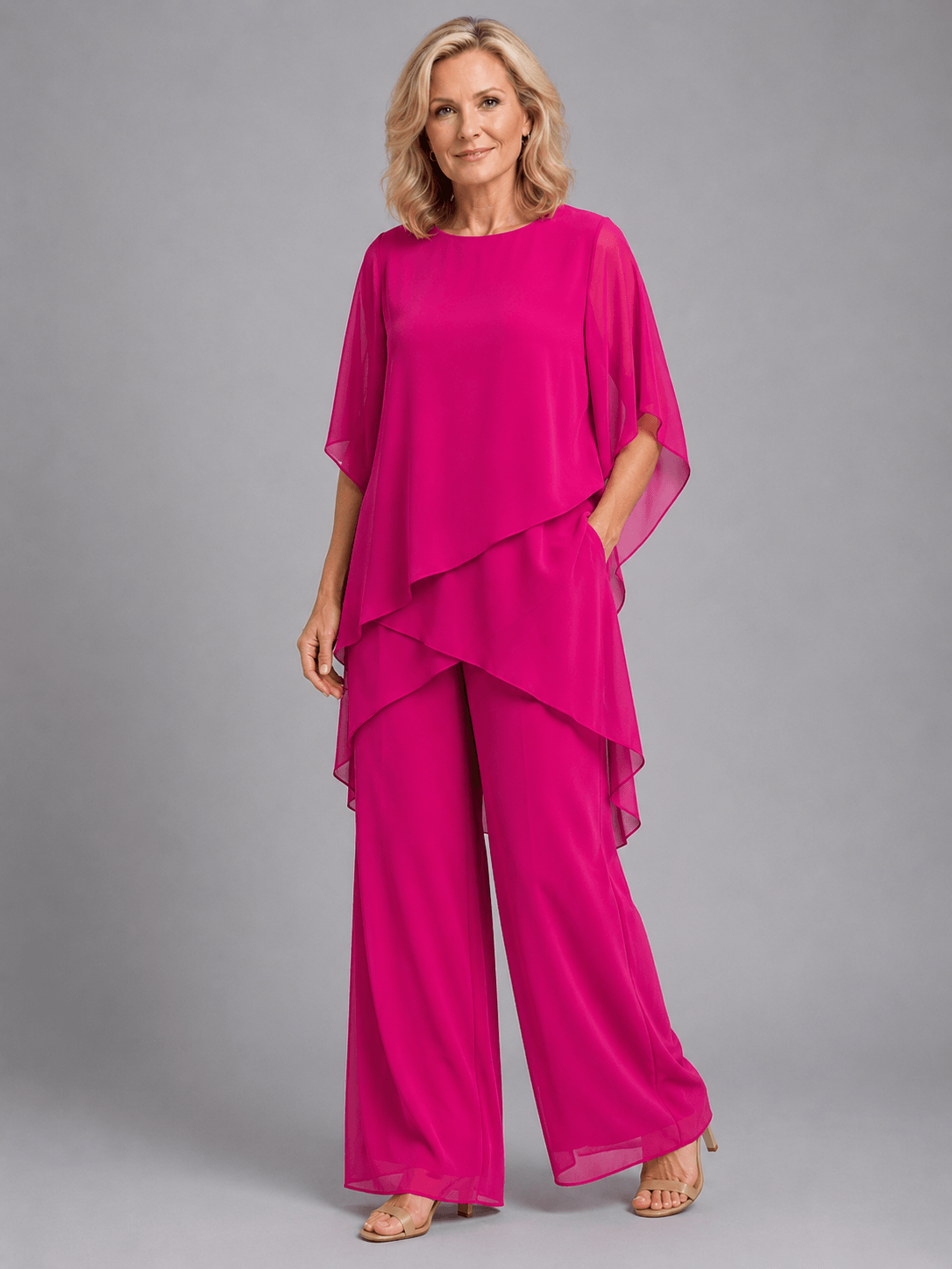 Women's Chiffon Two Piece Co-Ord Set with Wide-Leg Trousers
