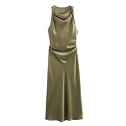 Satin Cowl Neck Midi Christmas Dress with Solid Pattern
