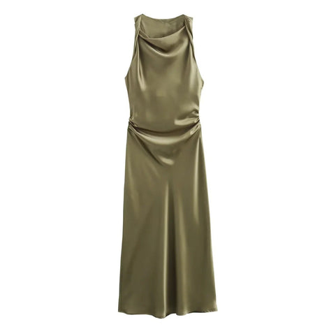 Satin Cowl Neck Midi Christmas Dress with Solid Pattern