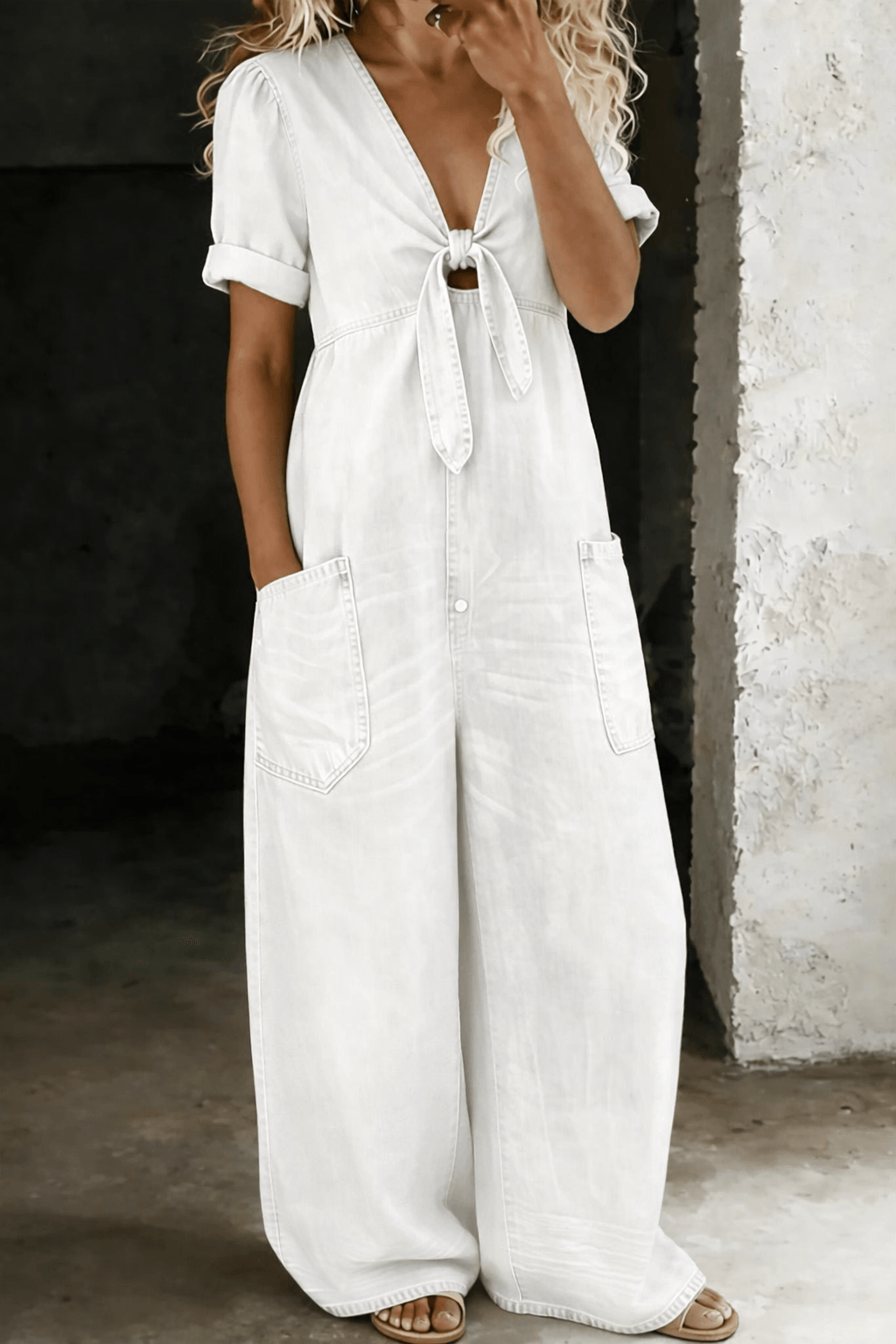 Maya Tie-Front Wide-Leg Denim Jumpsuit with Pockets