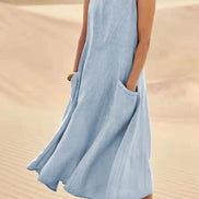 Sleeveless Linen-Look Midi Dress with Pockets