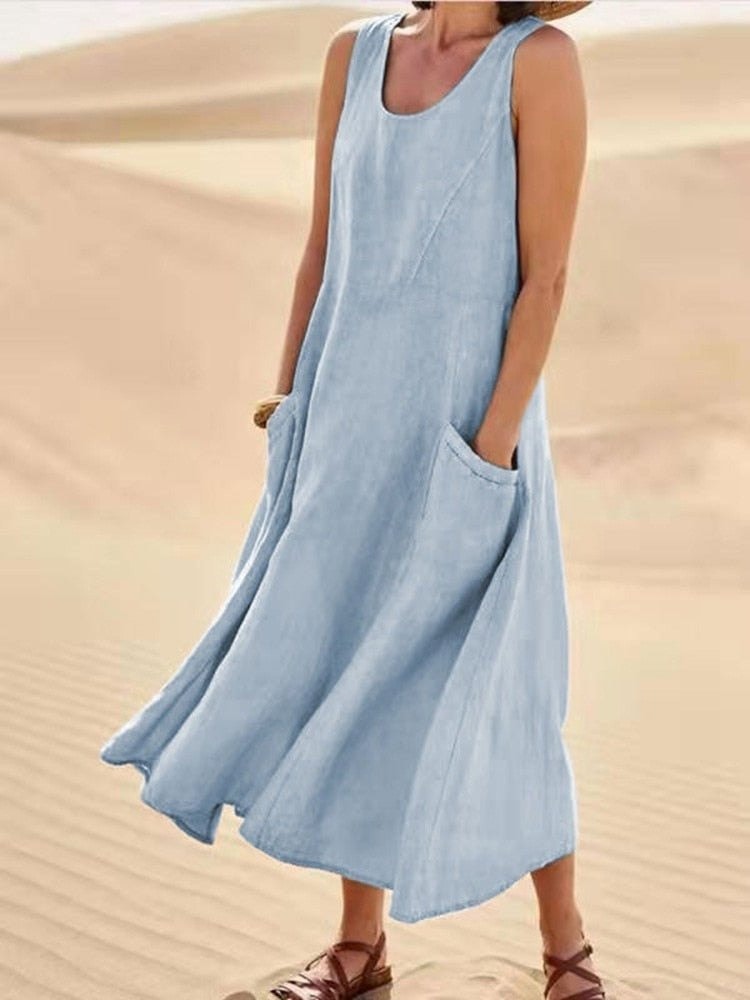 Sleeveless Linen-Look Midi Dress with Pockets