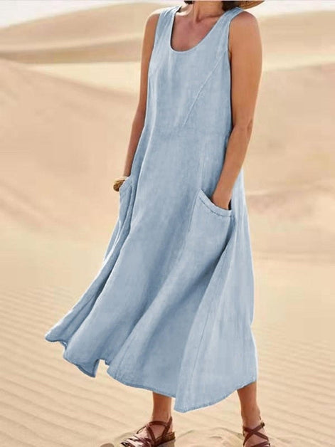 Sleeveless Linen-Look Midi Dress with Pockets