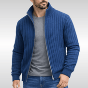 Men's Ribbed Knit Full-Zip Cardigan with Stand Collar