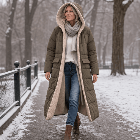 Reversa Women's Reversible Hooded Longline Winter Coat with Sherpa Lining