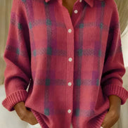 Ofelia Plaid Knitted Jumper Longline Button-Front Cardigan Sweater