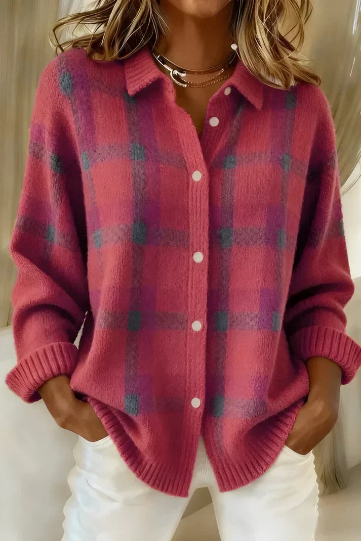 Ofelia Plaid Knitted Jumper Longline Button-Front Cardigan Sweater