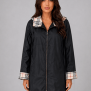 Women's Hooded Longline Jacket with Check Trim for Rainy Weather