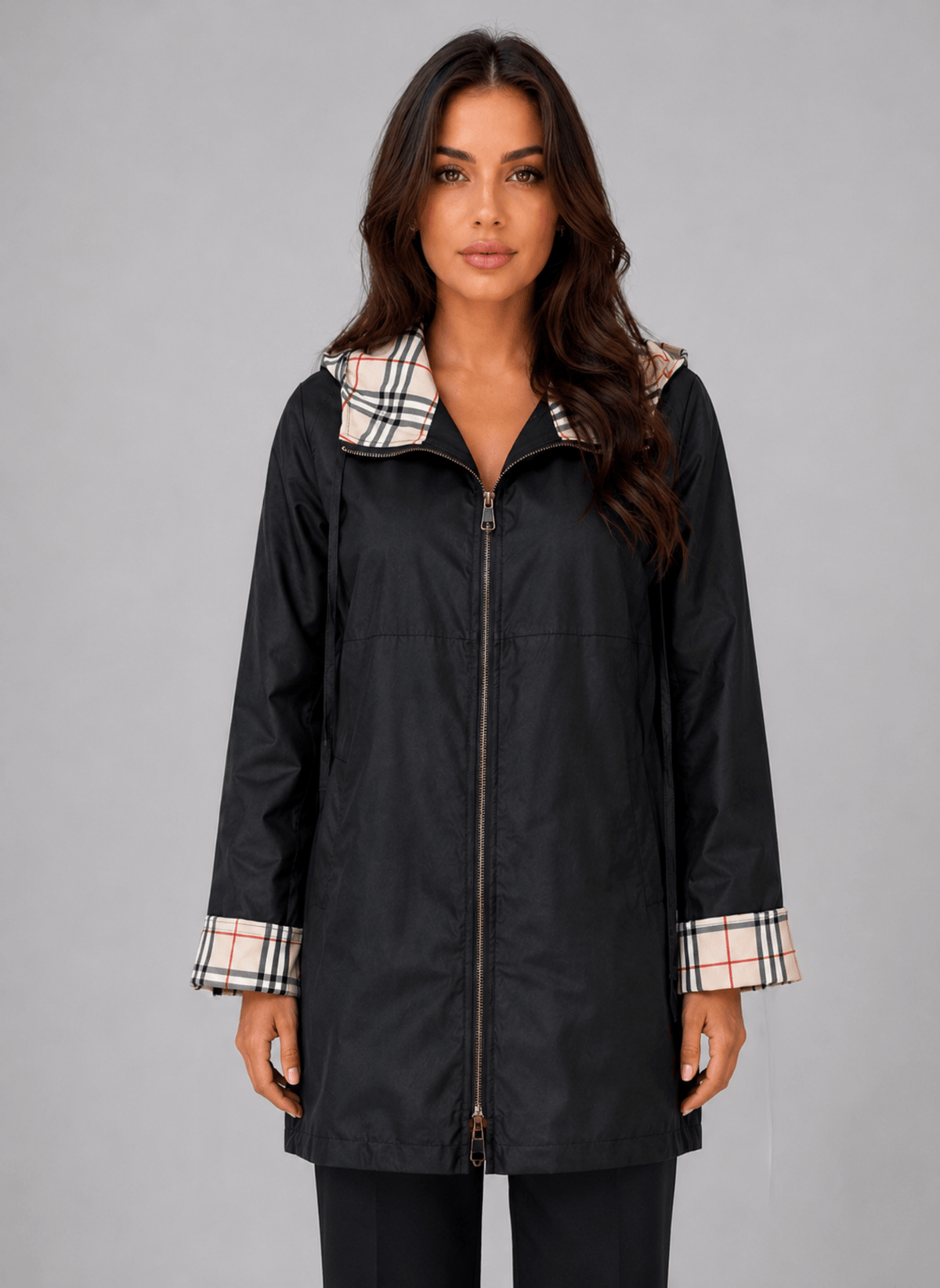 Women's Hooded Longline Jacket with Check Trim for Rainy Weather