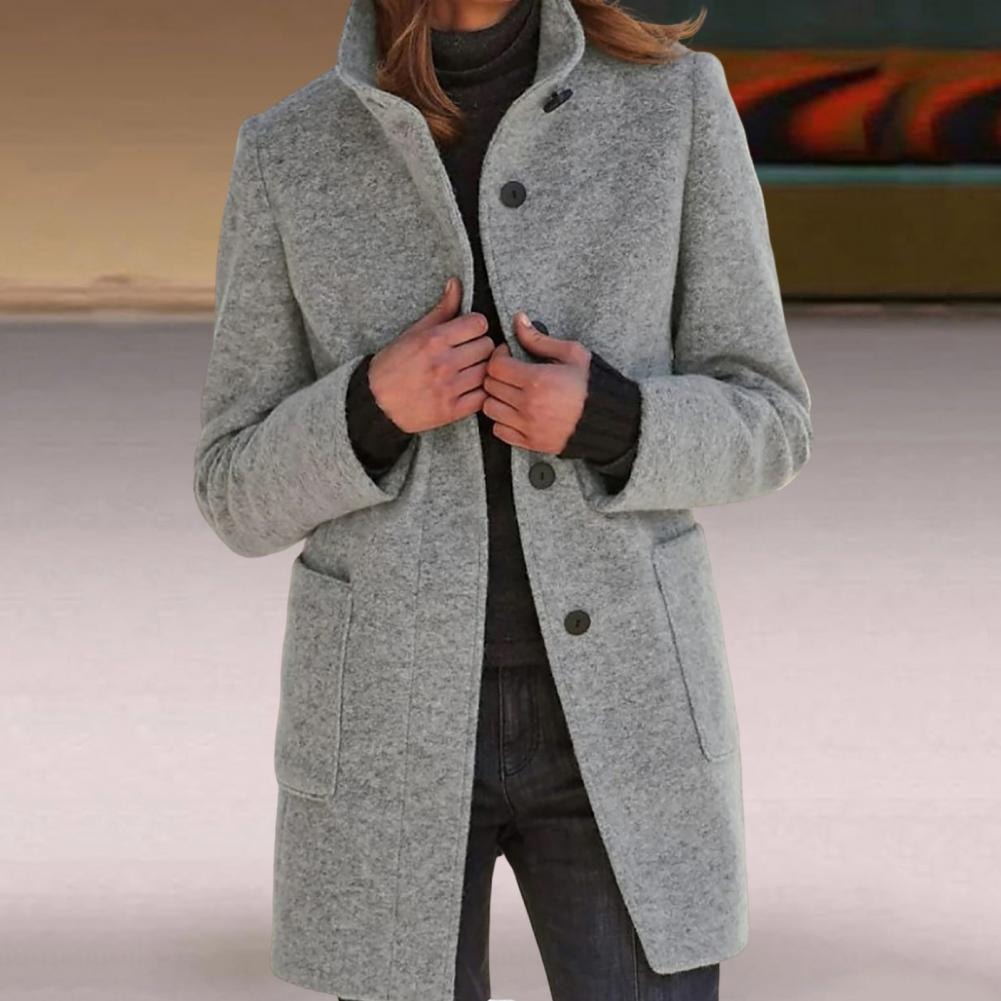 Women's Stand Collar Wool-Blend Winter Coat with Button Front