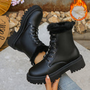 Faux Fur-Trimmed Lace-Up Platform Boots for Women with Lug Sole