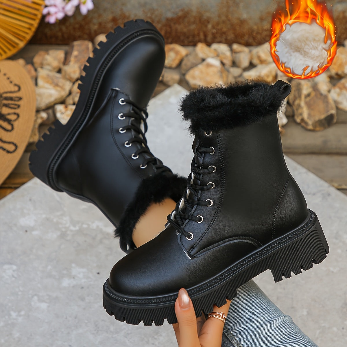 Faux Fur-Trimmed Lace-Up Platform Boots for Women with Lug Sole