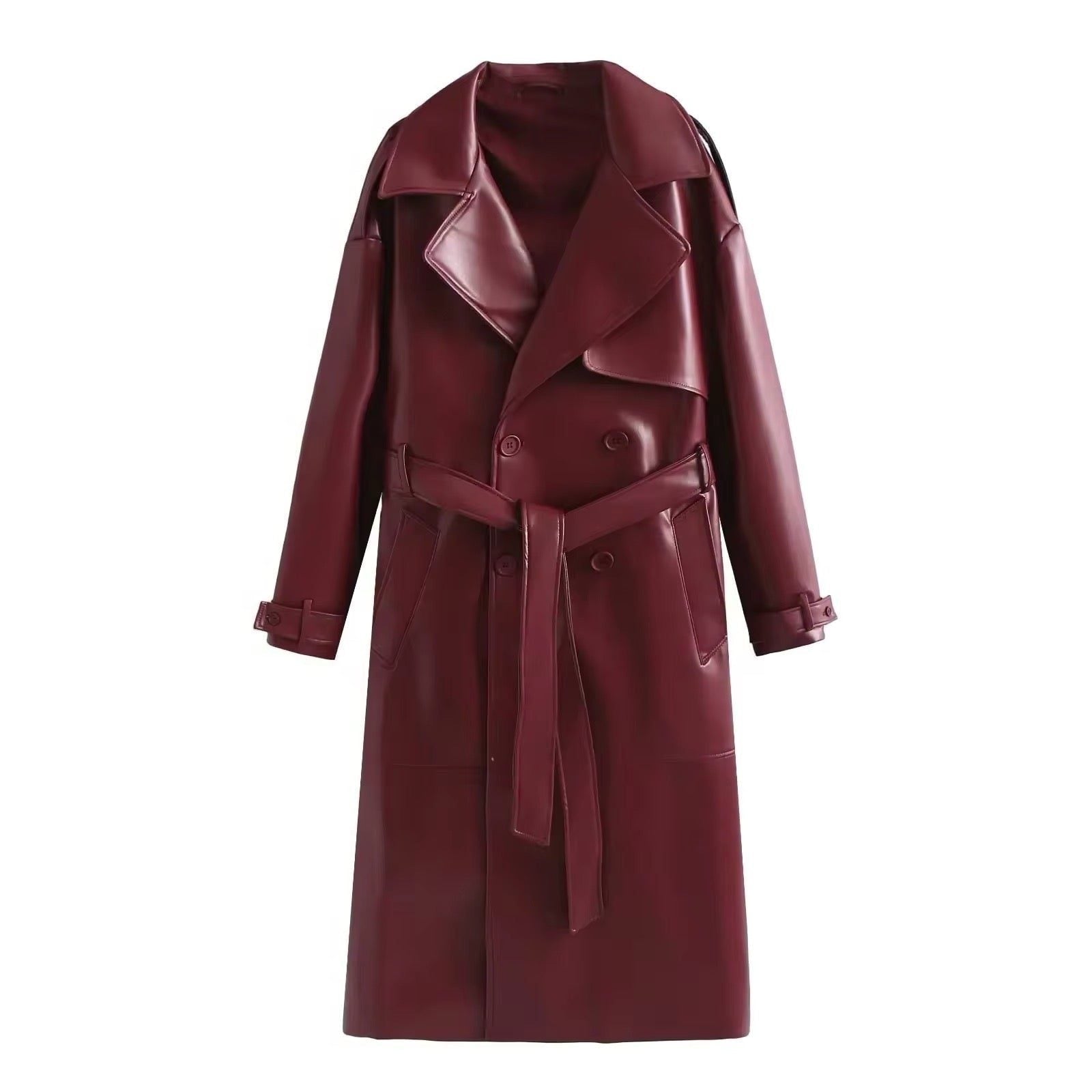 Longline Double-Breasted Leather Coat for Women