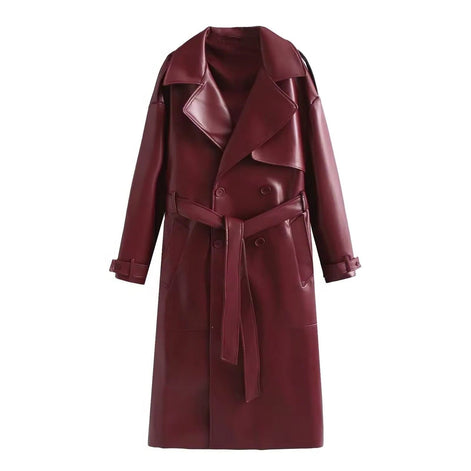 Longline Double-Breasted Leather Coat for Women