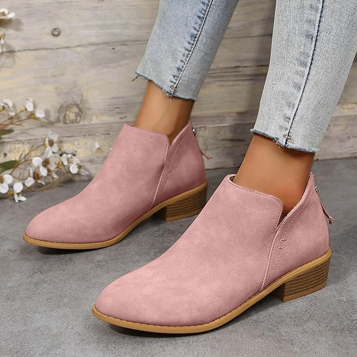 Ankle Low Heel Slip On Womens Boots with Back Zip Detail