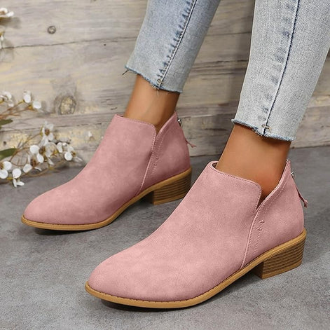 Ankle Low Heel Slip On Womens Boots with Back Zip Detail