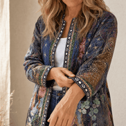 Patrice Art-Print Open-Front Jacket with Embellished Trim