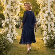 Elavine Lace Overlay Chiffon Women's Midi Dress with Sheer Sleeves