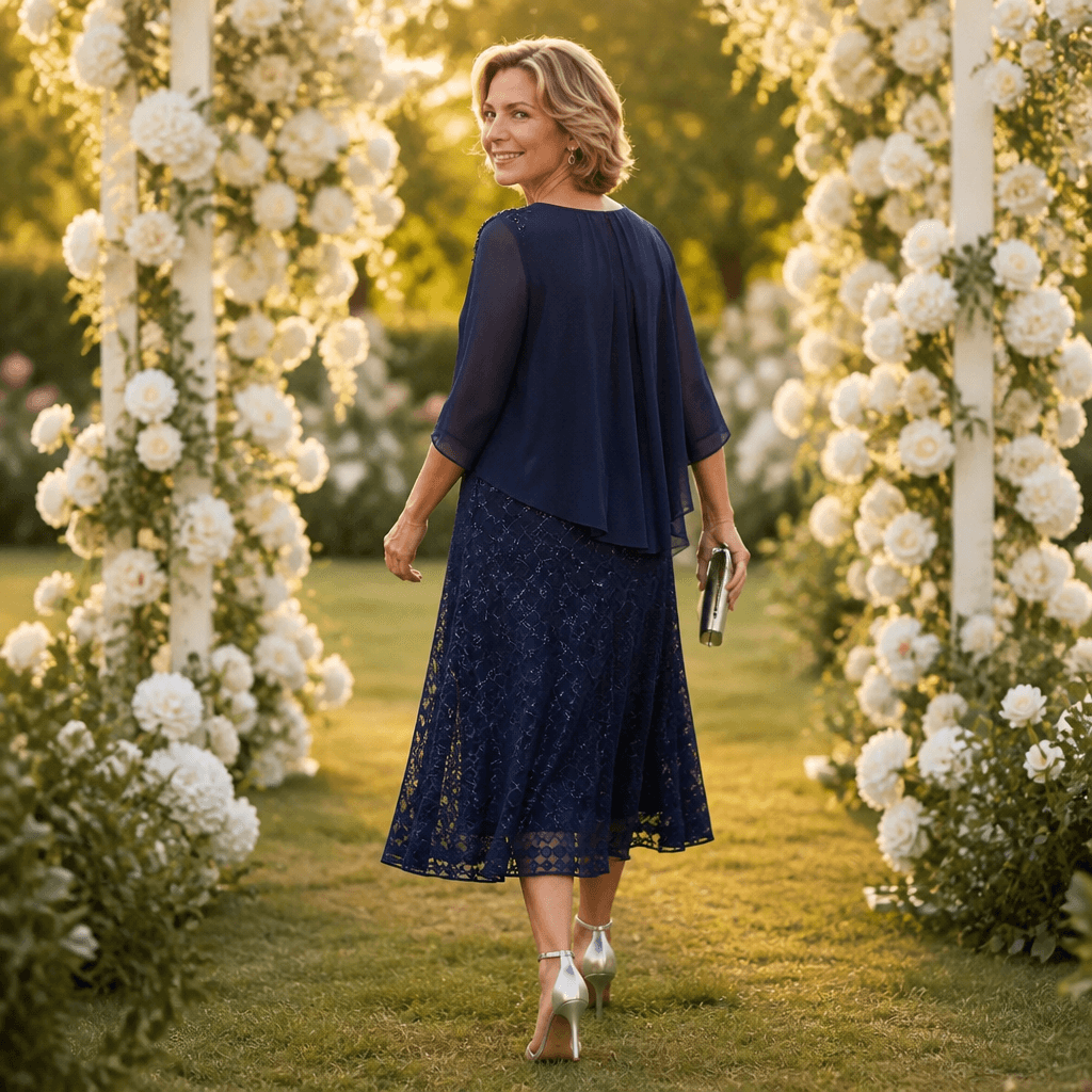 Elavine Lace Overlay Chiffon Women's Midi Dress with Sheer Sleeves